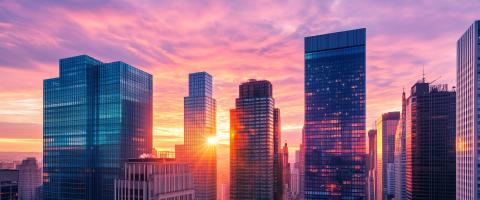 City skyline at sunrise